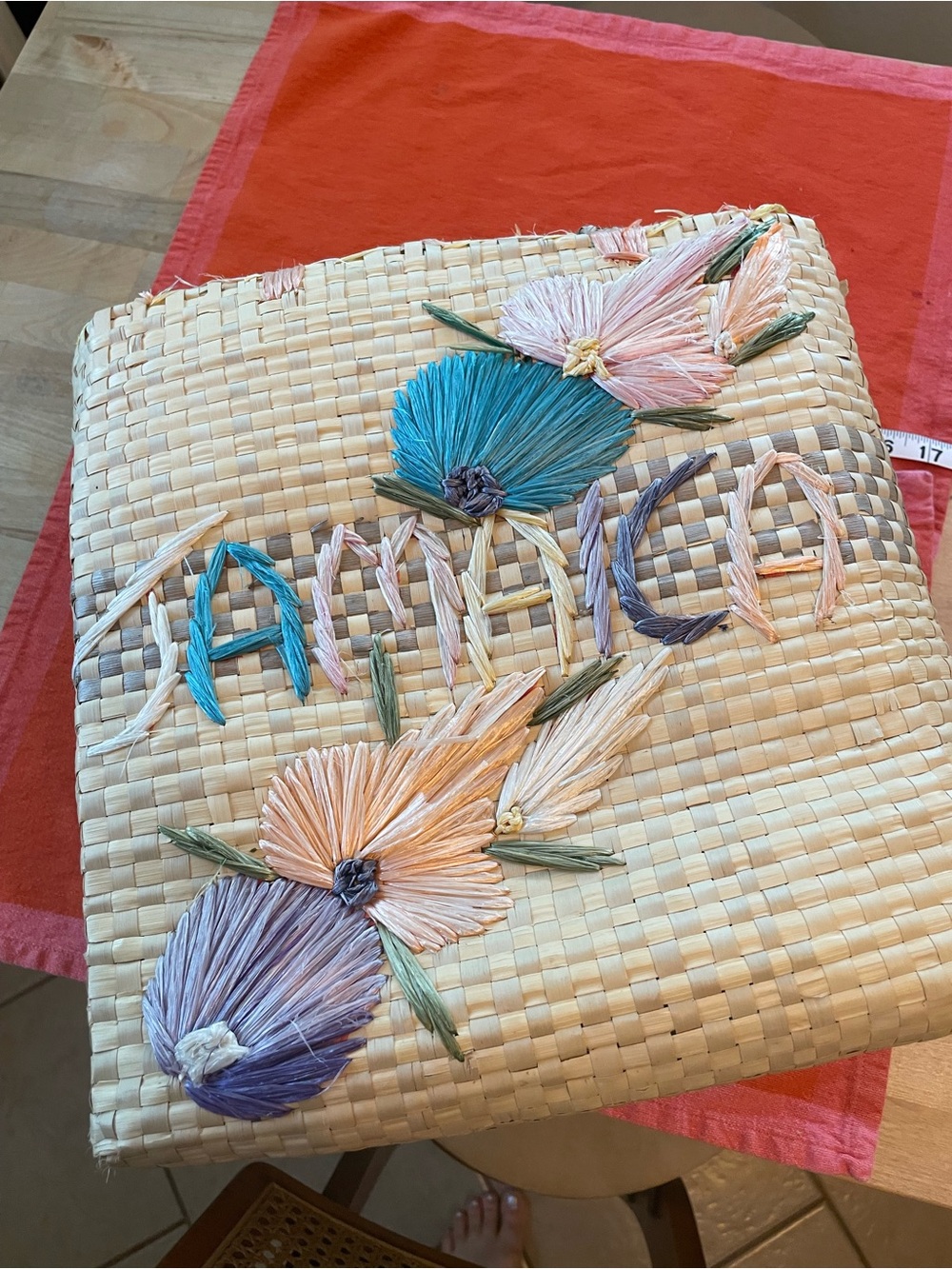 Vintage Raffia Satchel with Multicolor Floral “Jamaica” Straw Embroidery